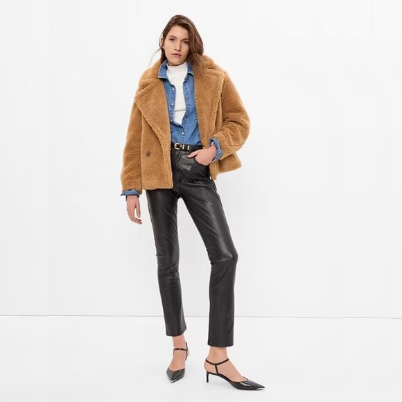 GAP Sherpa Moto Jacket Holiday Brown XS Teddy Coat Fuzzy Furry Cozy Camel #A1125 - Picture 2 of 10